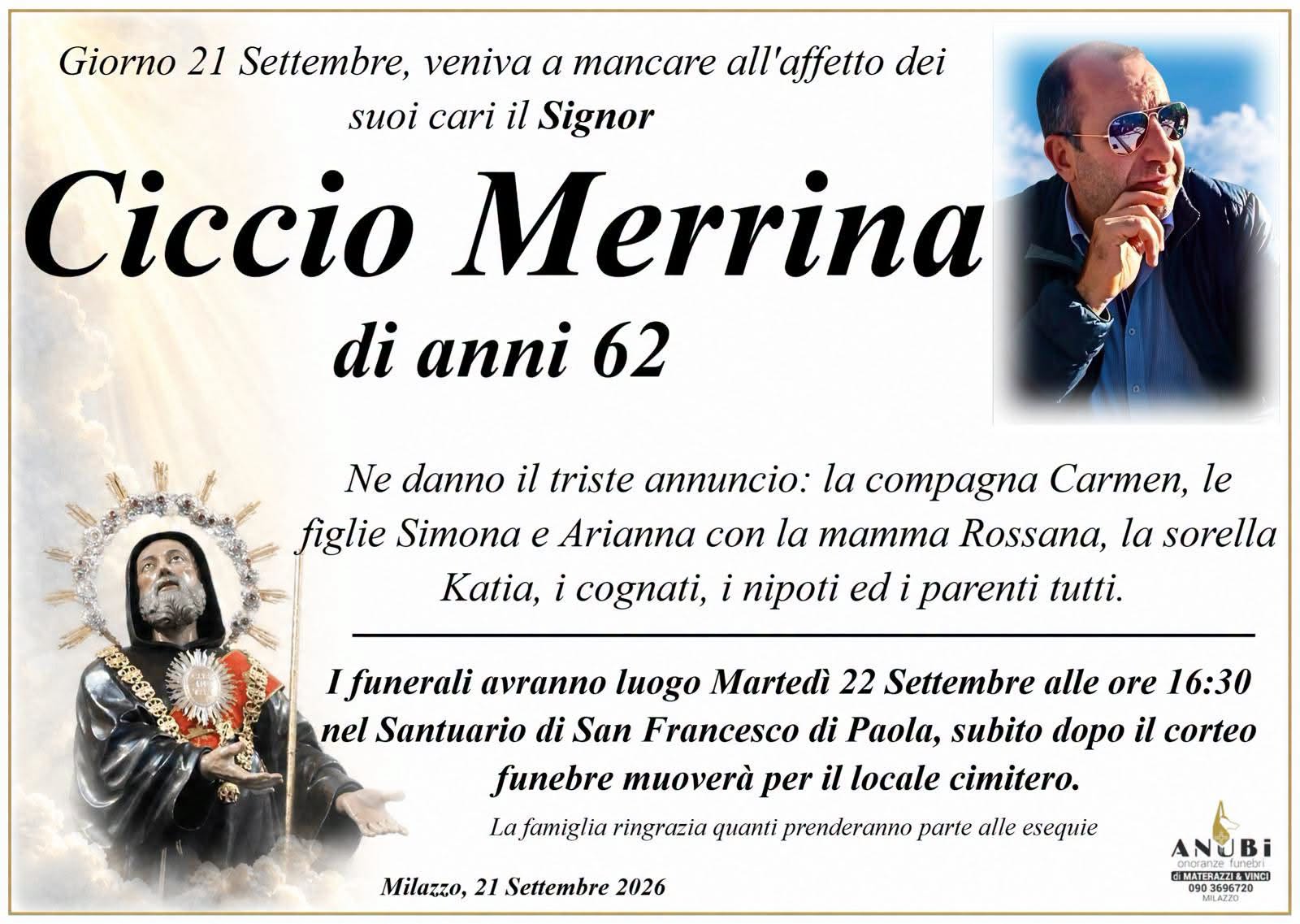 NECROLOGIO-CICCIO-MERRNA-MANIFESTO CICCIO MERRINA, FIGLIO DI PEPPINO DELL'OPM, CI LASCIA