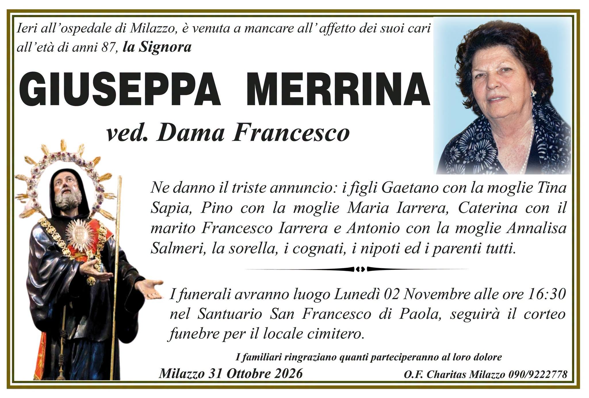 necrologio-pina-merrinadama SI SPEGNE LA SIGNORA MERRINA, VEDOVA DEL MAESTRO PASTICCERE CICCIO DAMA